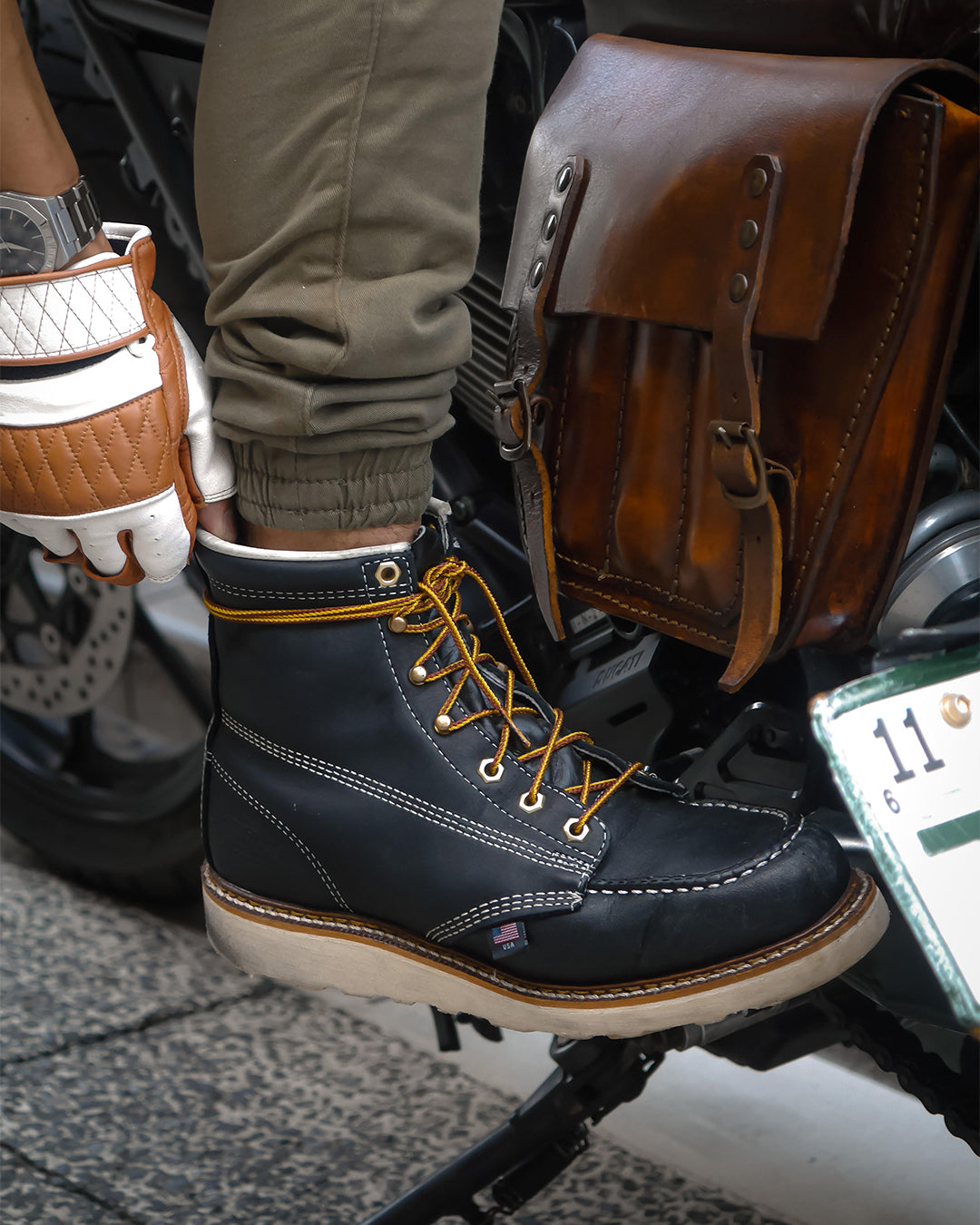 Black Slip-resistant, steel moc-toe, full-grain leather boots from Thorogood in Milwaukee, Wisconsin