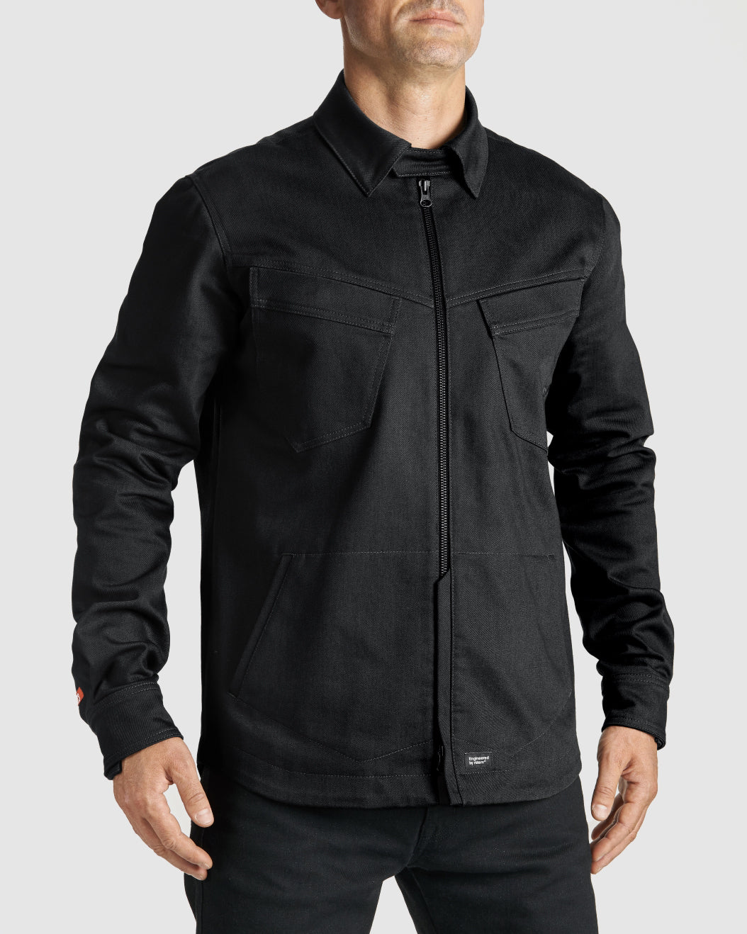Front view of black Cordura® denim motorcycle shirt jacket with slim fit, CE rating, and abrasion-resistant stretch construction