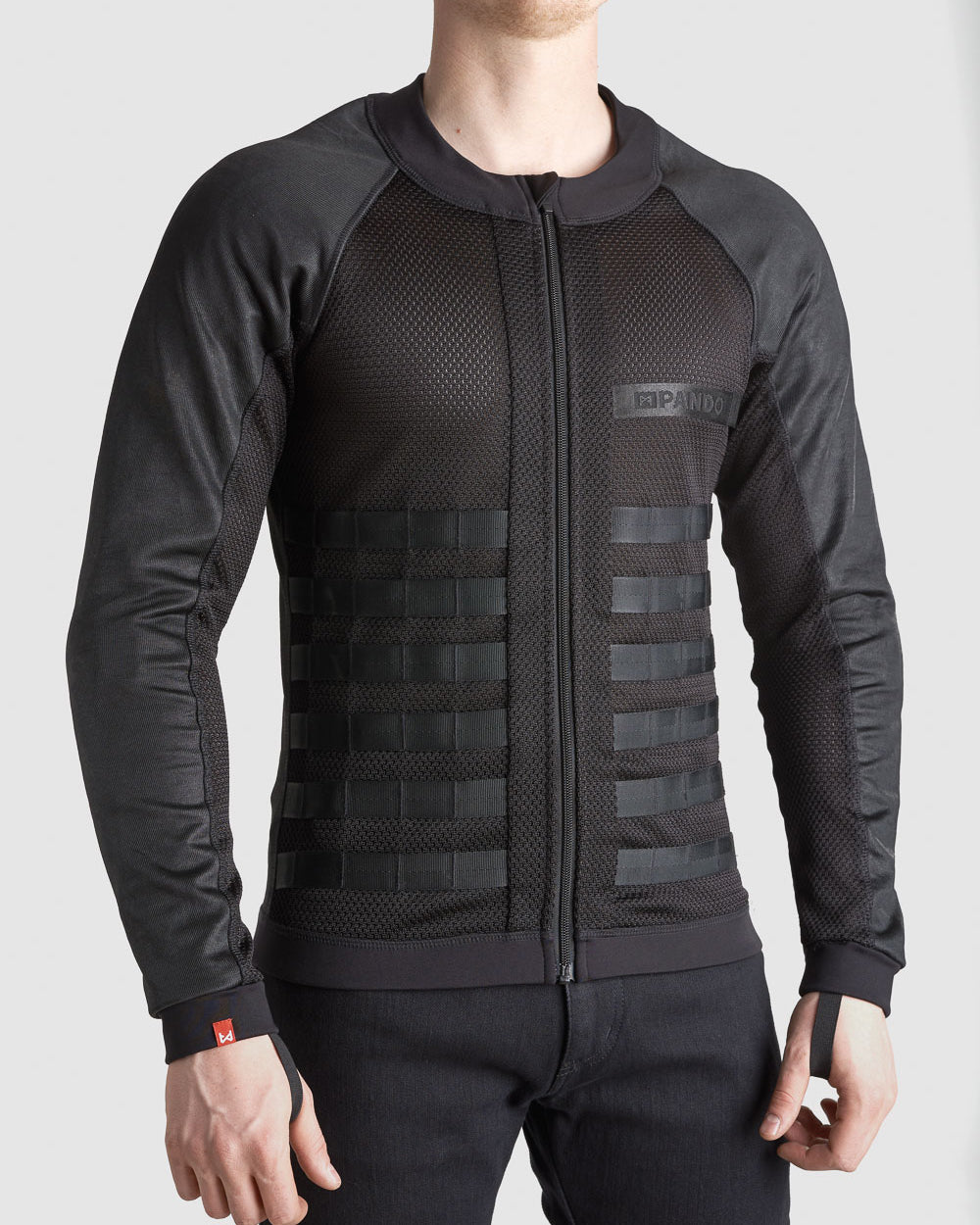 Full view of versatile armored base layer jacket, CE AAA certified with 3D Cordura® mesh, UHMWPE durability, and a MOLLE system for attaching accessories like phone pouches and first aid