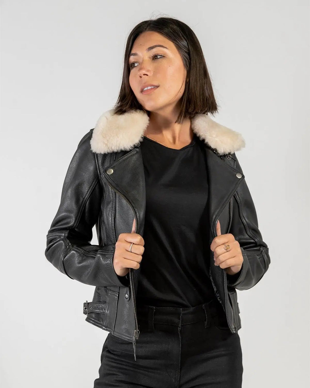 Woman wearing Black leather motorcycle jacket for women, Merla Moto Fly By Night with CE AAA rating, removable Australian Merino wool collar