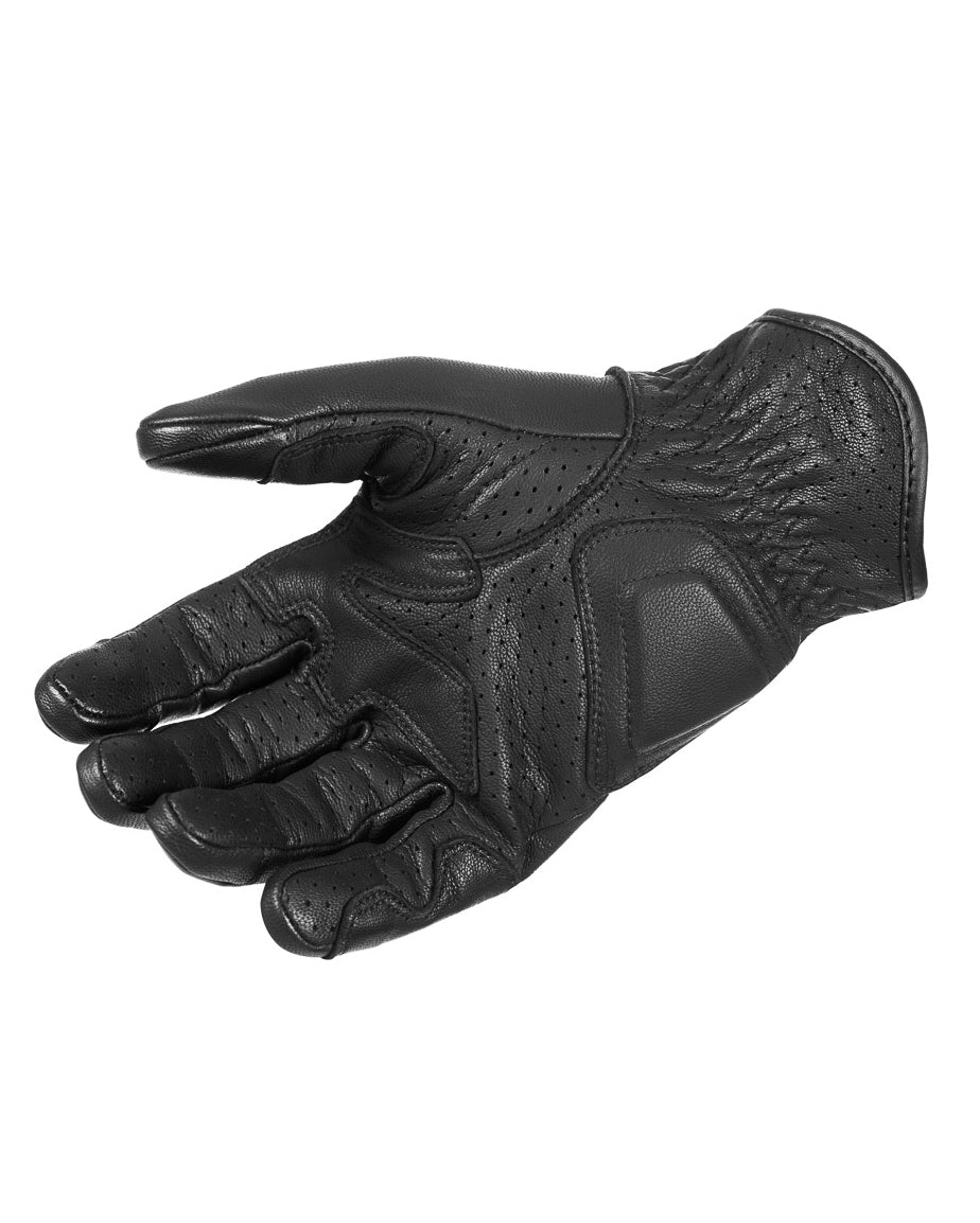 Palm view of black goat leather motorcycle gloves with soft padding and touchscreen-compatible fingertips