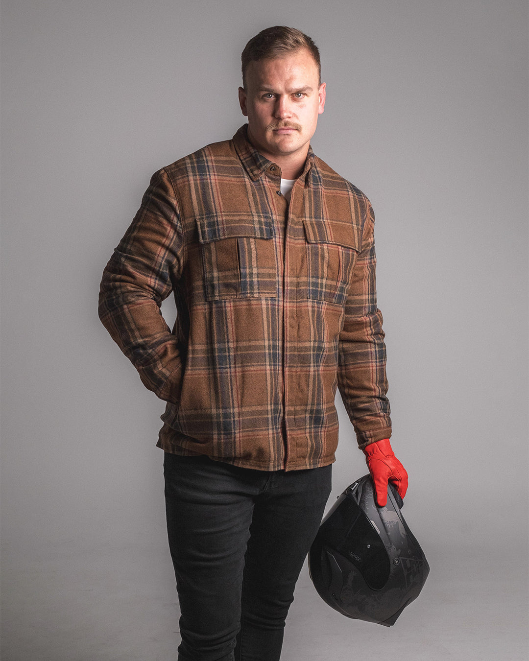 Front view of man wearing brown wool motorcycle shacket with DuPont™ Kevlar® liner for superior abrasion resistance, perfect for casual rides and daily wear