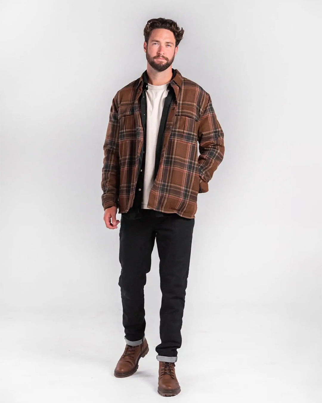 Man wearing Kevlar-lined flannel shacket