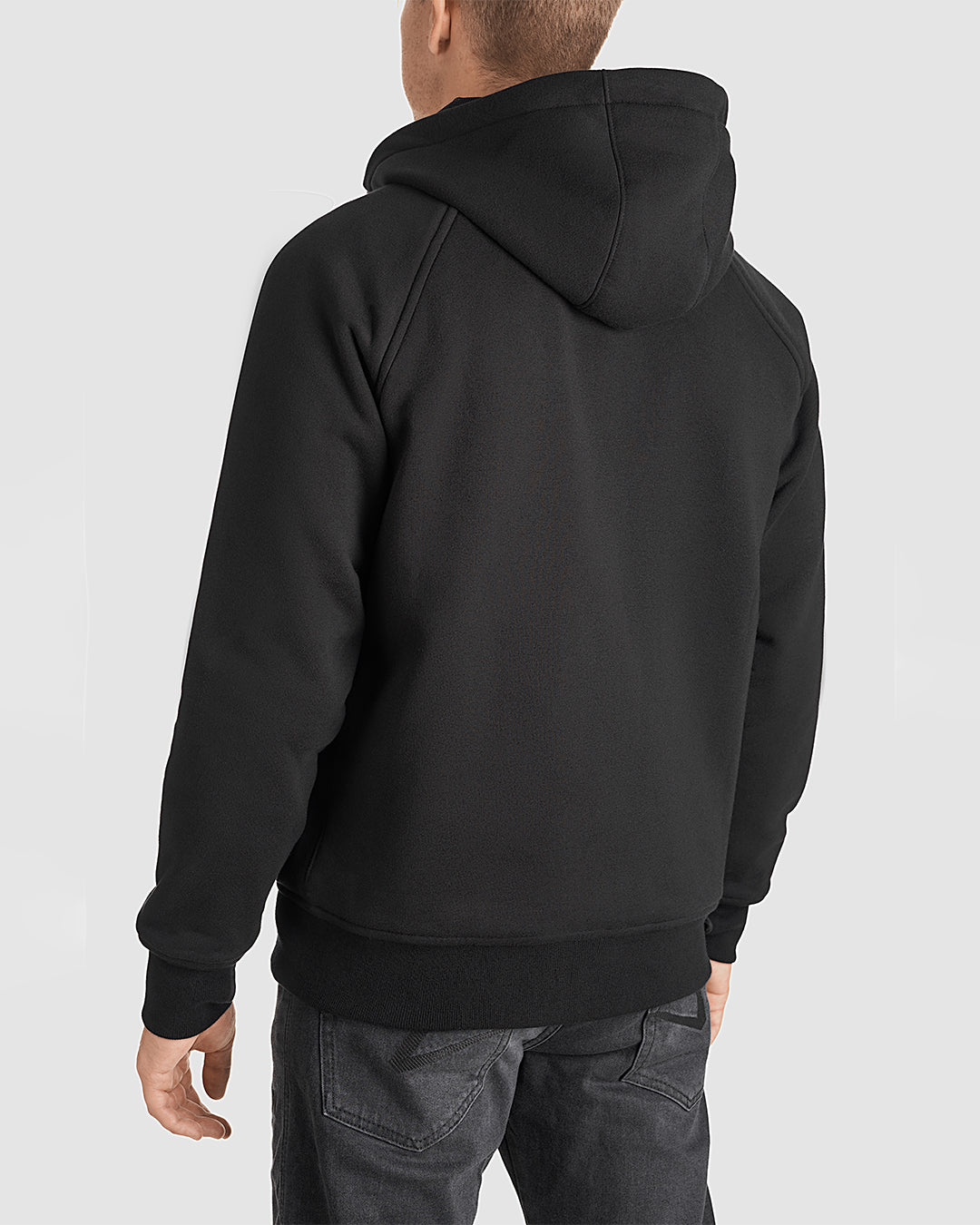 Back of men's black motorcycle hoodie with CE-approved D3O armor