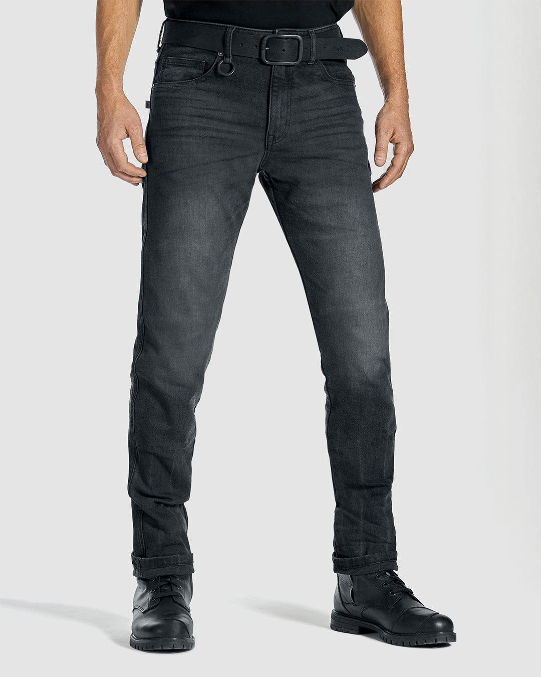 Man wearing men's slim-fit motorcycle riding jeans by Pando Moto
