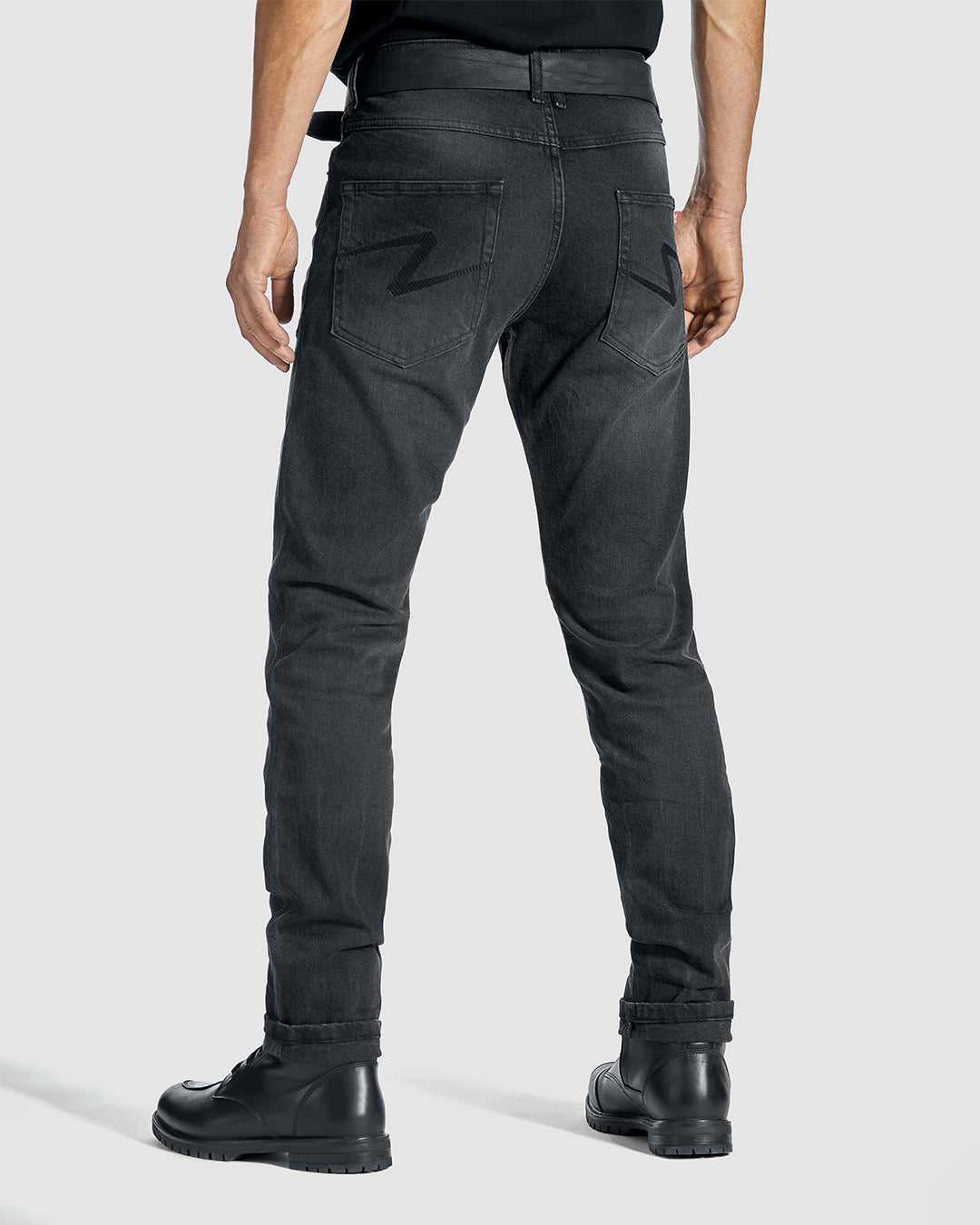 Rear view of man wearing CE-approved slim-leg riding jeans made from stretch CORDURA denim with moisture-wicking COOLMAX technology