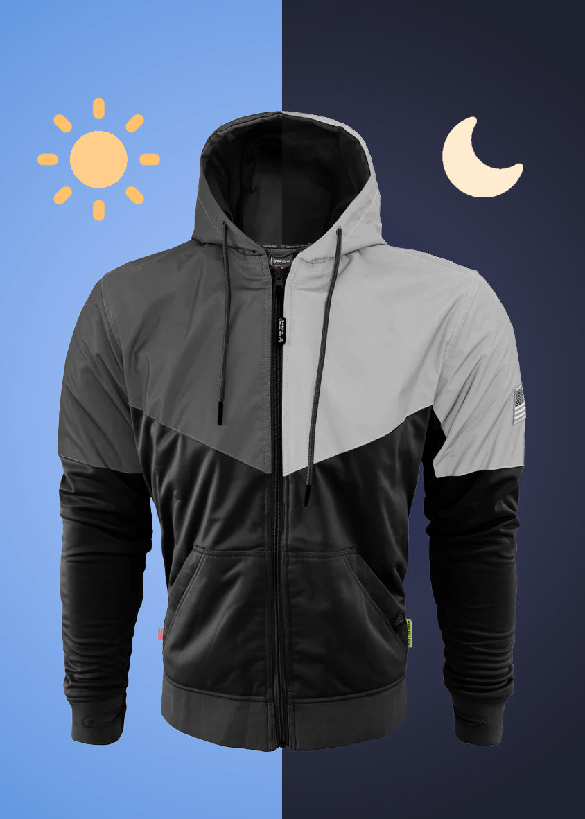 Beyond Riders Ultra Reflective Hoodie — Mesh and Kevlar-lined armored riding hoodie shown day-to-night with reflective upper